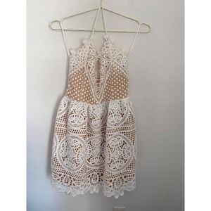 Two Sisters The Label TS466 White Lace Halter Mini Dress Lace Up Back US 6 NEW